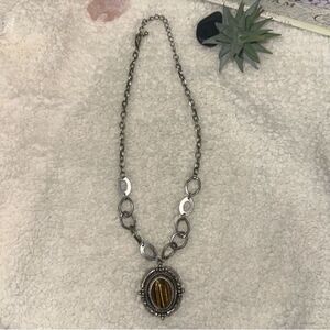 Vintage Chocolate Caramel Tone Oval Stone Silver Tone Pendant & Loops Necklace